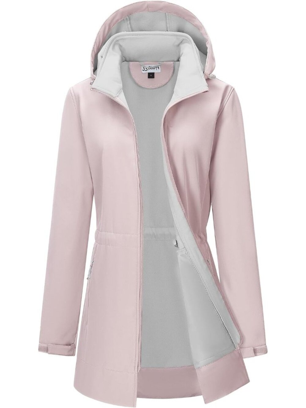 Women's Pink Hooded Fleece Lined Softshell Full Zip Long Waterproof Rain Jacket
